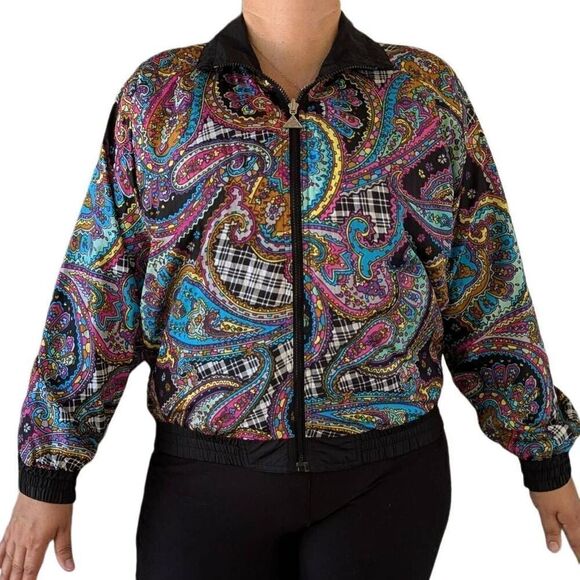 Vintage 80s Windbreaker Jacket Black Paisley  Reversible Bomber Coat Size S Tren - Picture 10 of 13